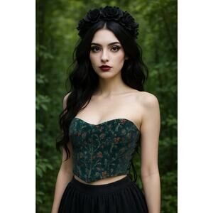 VTG Velvet Floral Bone Structured Lace Up Corset Whimsical Goth Punk Retro Sz S